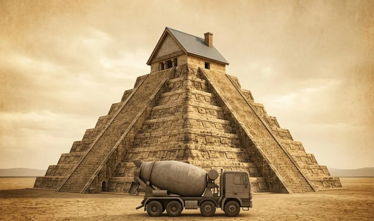 A pyramid of building-materials value, from commoditized cement at the base to the higher-margin roof of the building envelope.