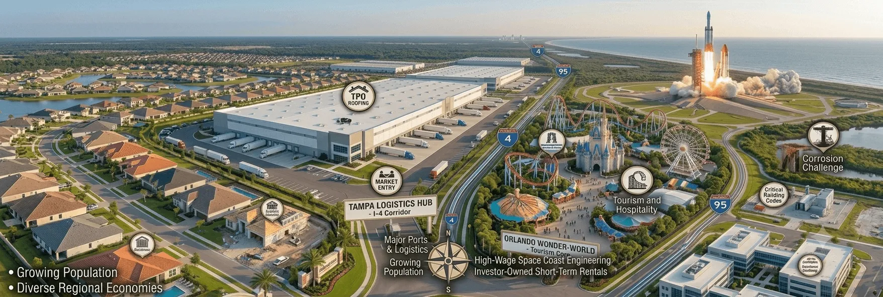 The diverse regional economies of Central Florida, from the I-4 corridor and Orlando's tourism core to the Space Coast.