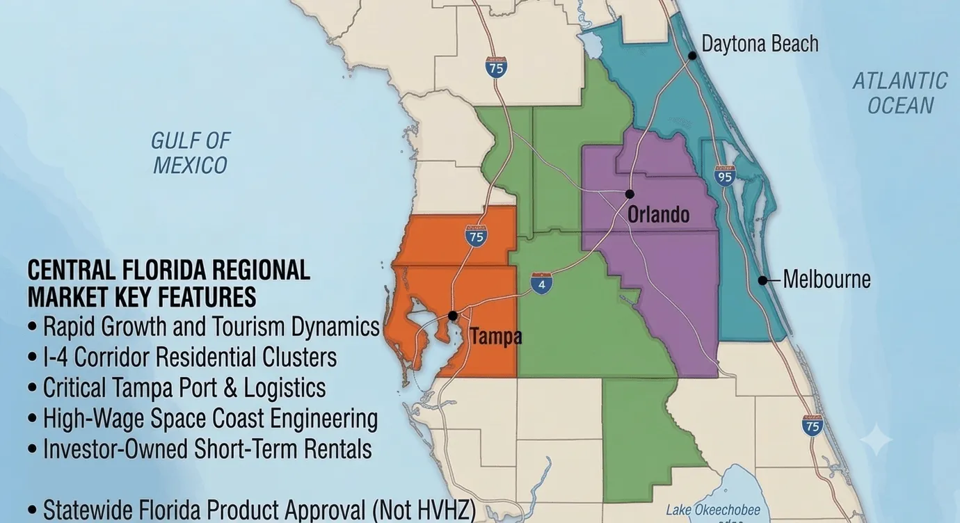 Map of Central Florida, from the Gulf Coast through the I-4 corridor to the Space Coast.