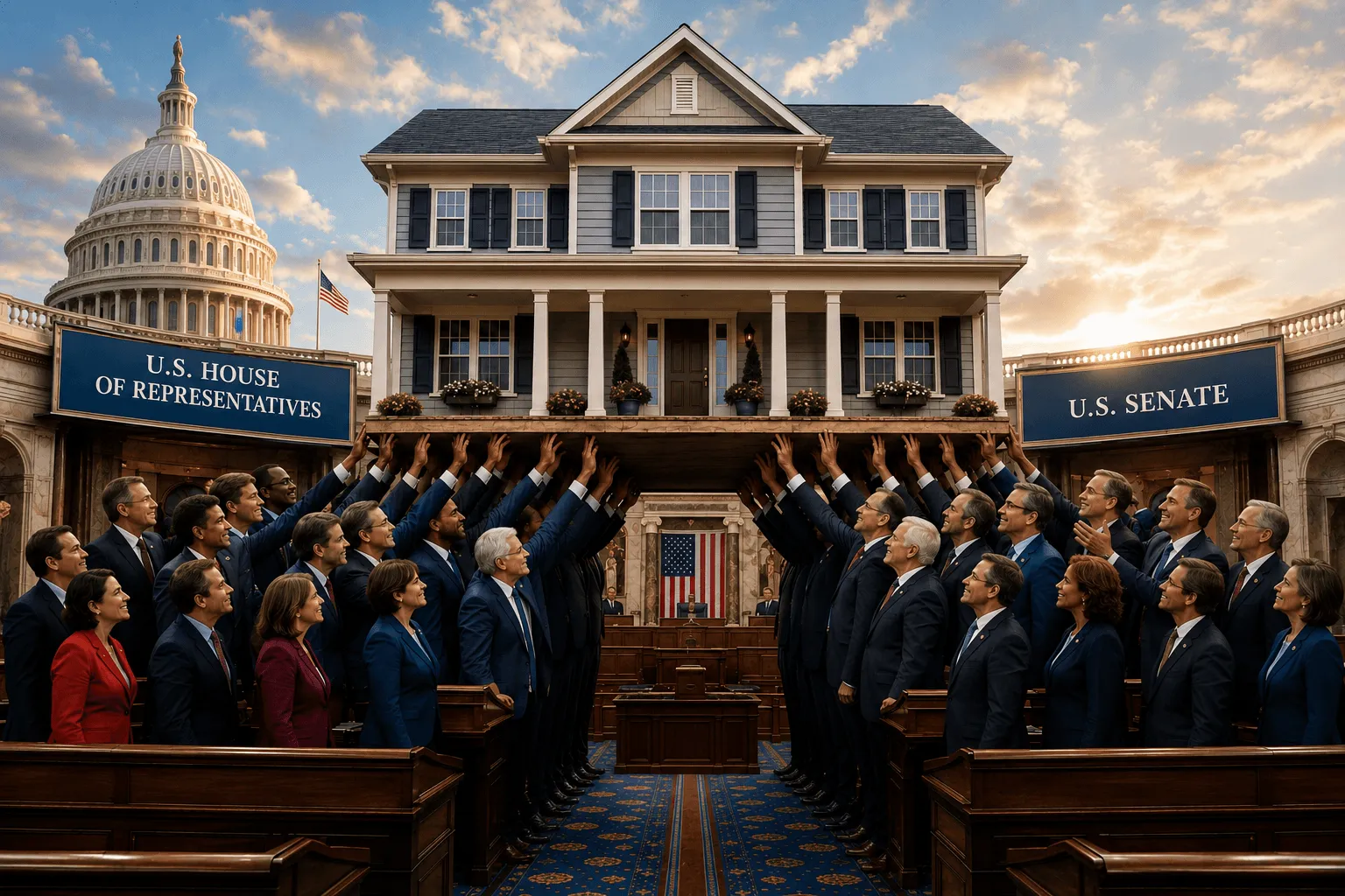 The U.S. House and Senate chambers, on passage of the 21st Century ROAD to Housing Act.