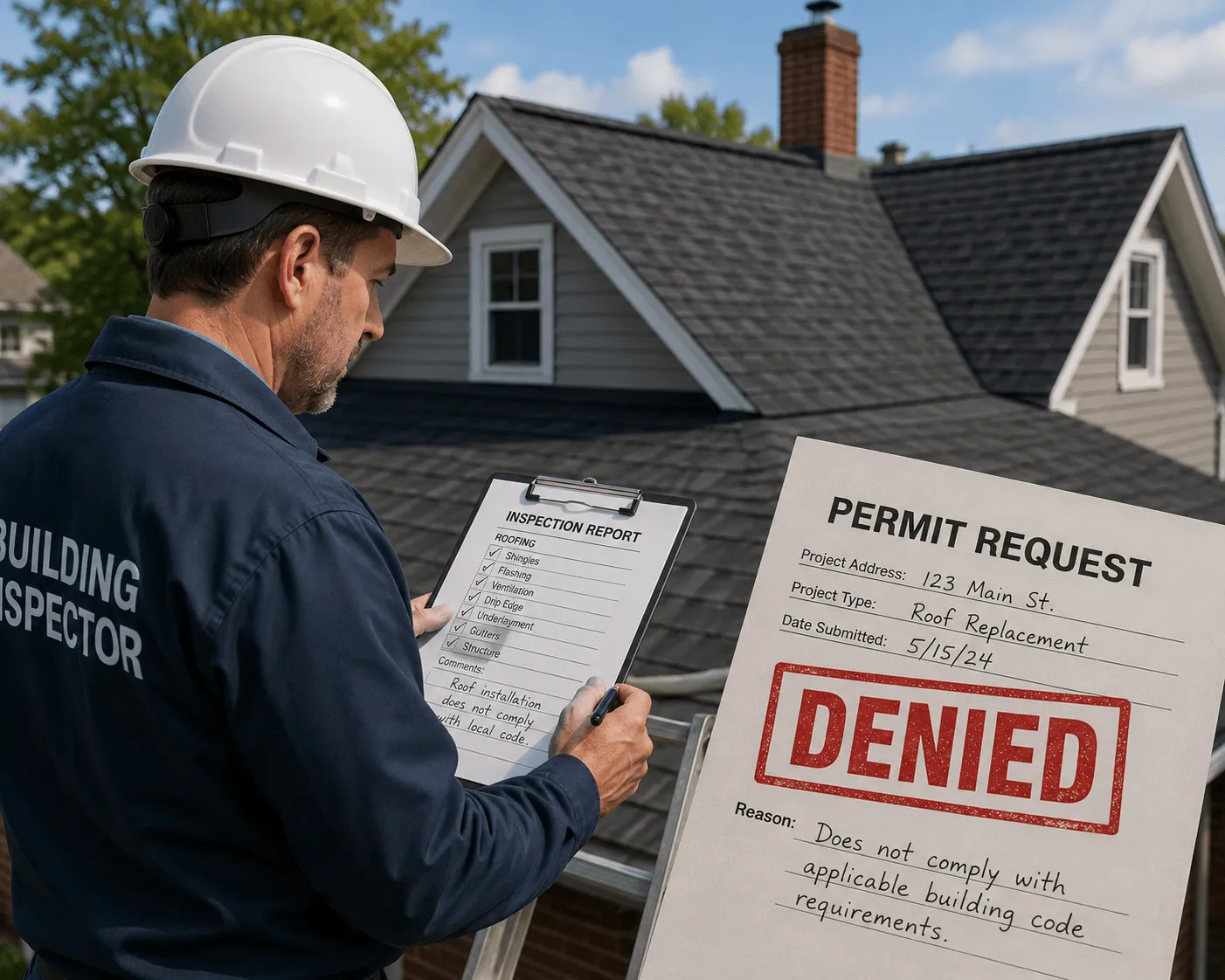 A denied building permit stamp, marking a product or installation rejected at the local approval counter.