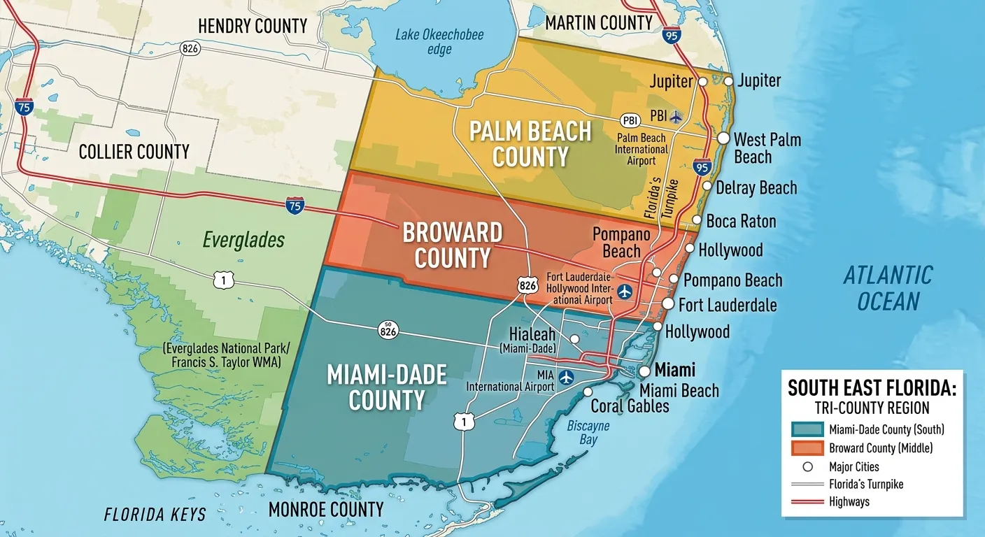 Map of Southeast Florida's three counties: Miami-Dade, Broward, and Palm Beach.